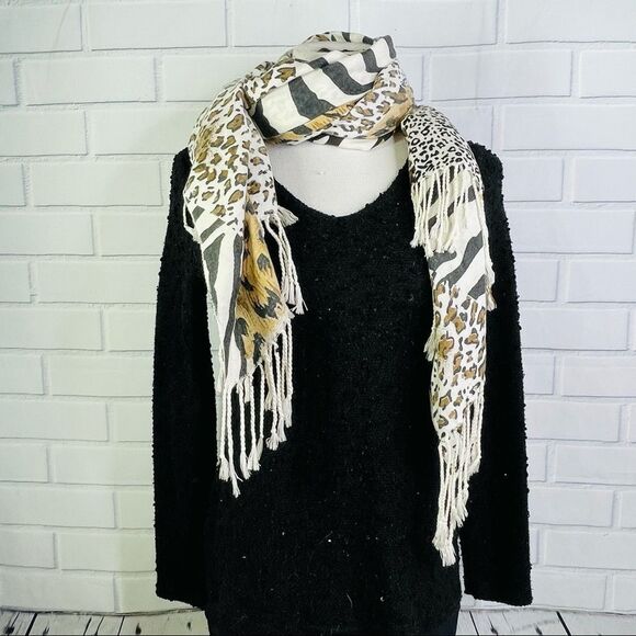 Pashmina White/Tan/Black Leopard Patchwork Fringe Scarf - Picture 2 of 11